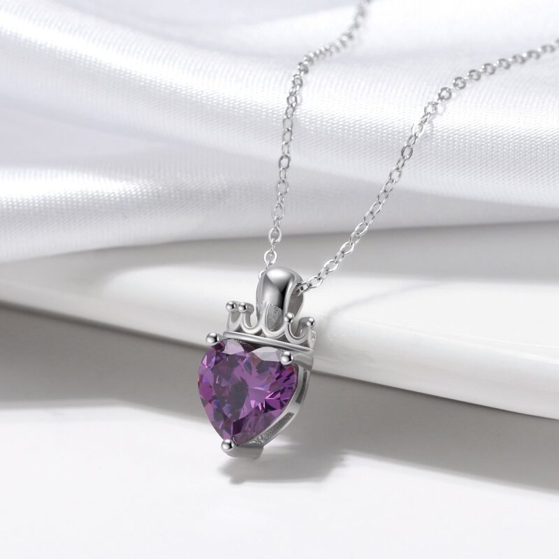 Crowned Heart Birthstone Pendant Necklace | February - Amethyst - Image 2