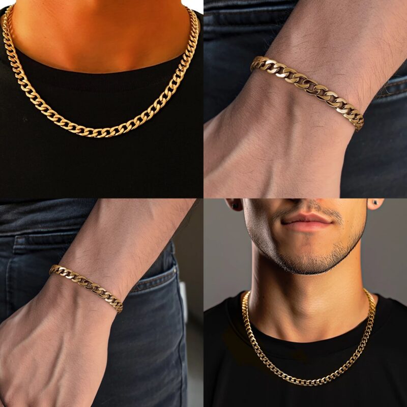 CUBAN CHAIN NECKLACE & BRACELET SET (GOLD) 7MM WIDTH CUBANSLIM