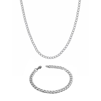 Silver Cuban Necklace Bracelet Set 4mm Width