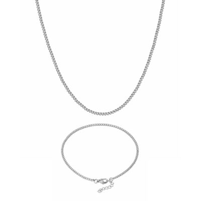 Silver Curb Necklace Bracelet Set 2mm Width