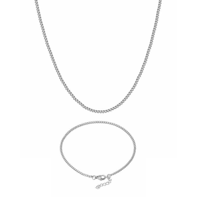 Silver Curb Necklace Bracelet Set 2mm Width