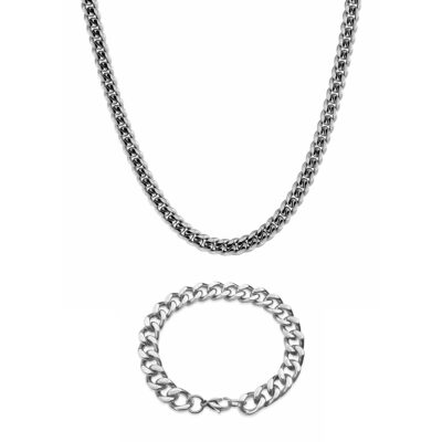 Mens Silver Curb Chain and Bracelet Set