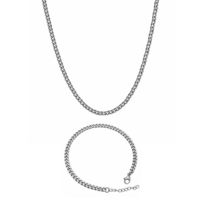 Silver curb chain and bracelet set 4mm