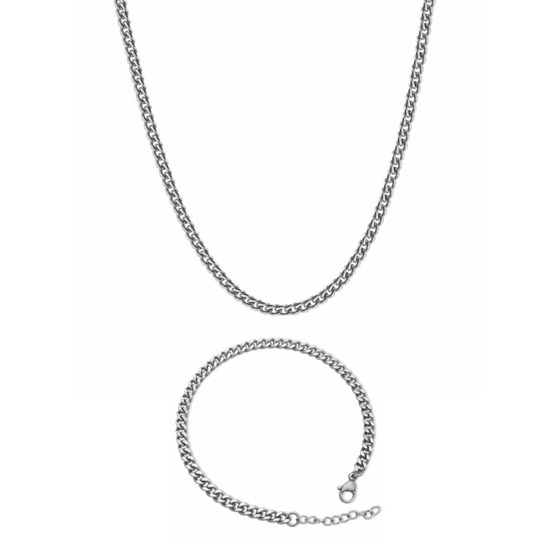 Silver curb chain and bracelet set 4mm