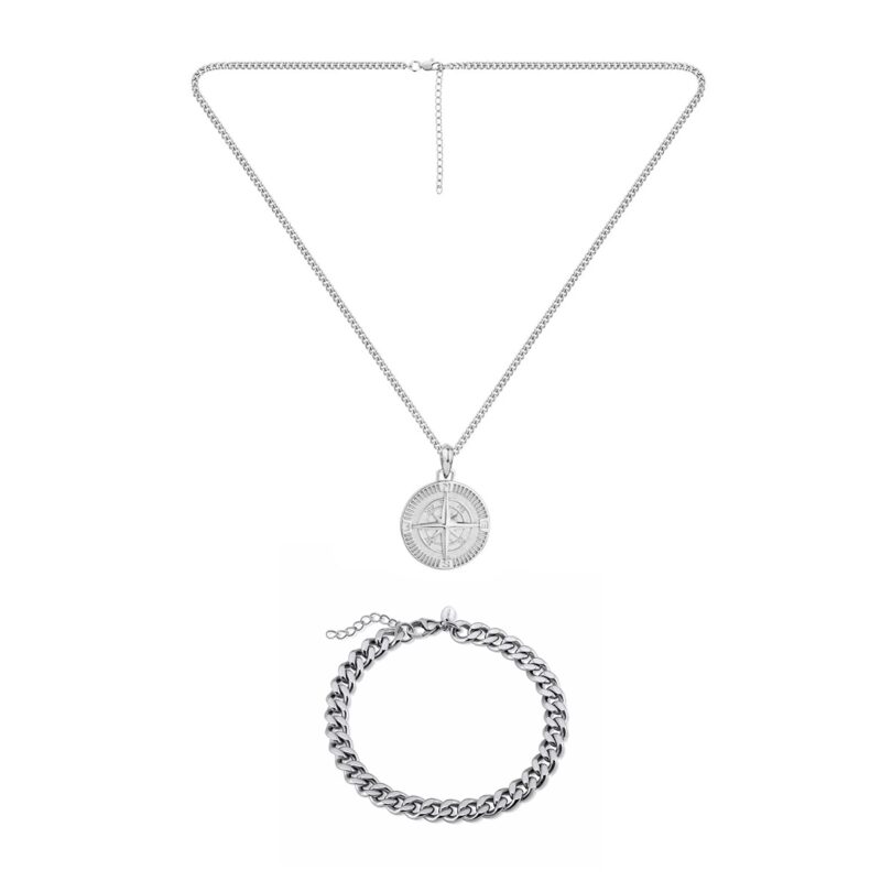 SILVER COMPASS NECKLACE AND BRACELET SET