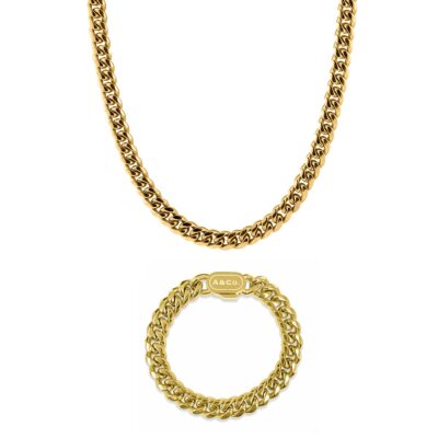 Gold Cuban chain necklace and bracelet set 10mm width