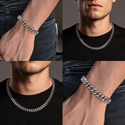 Mens Silver Curb Chain and Bracelet Set