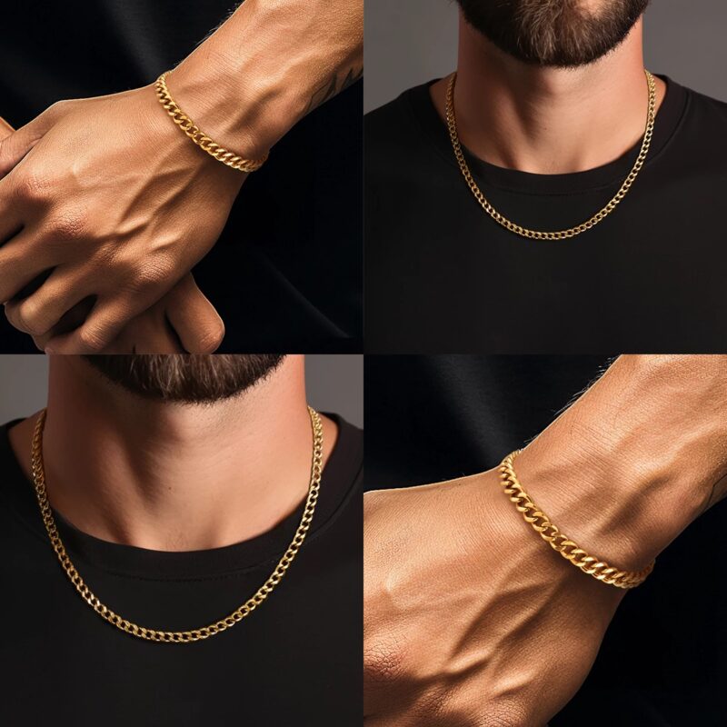 Gold Curb Chain Necklace & Bracelet Set