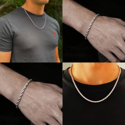 Silver Rope Chain and Bracelet Set