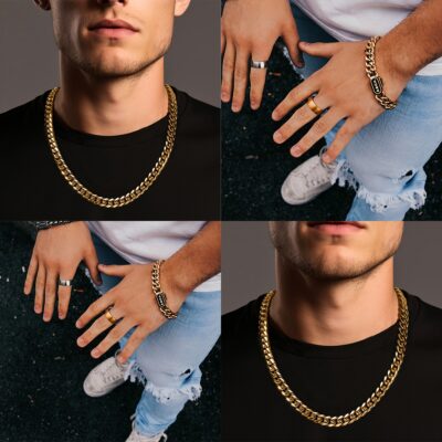 Gold Cuban chain necklace and bracelet set 10mm width